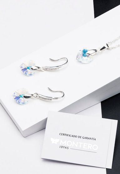 CONJUNTO JOYAS MONTERO PLATA ITALIANA 925 AROS + COLLAR ROMANCE Y CRISTALES GENUINOS AURORA BOREAL - 2