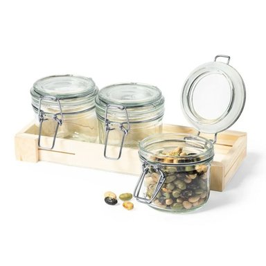 SET 3 FRASCOS CONTENEDORES VIDRIO BASE MADERA GAB 230 ML - 3