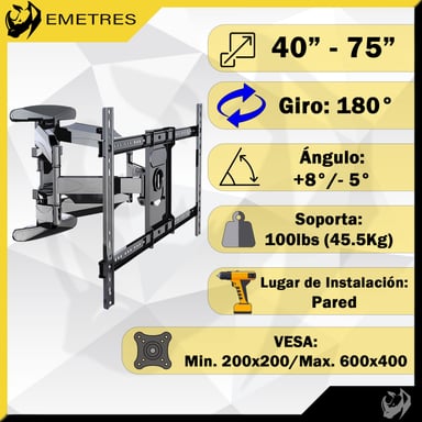 SOPORTE PARA PANTALLA TV PANTALLAS PARED 40 55 65 75 PULGADAS EMETRES BASE PARA TV COLOR NEGRO - 3