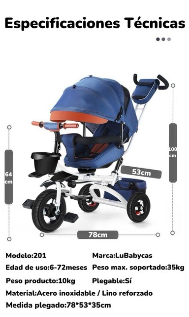 TRICICLO LUBABYCAS MULTIFUNCIONAL PLEGABLE RECLINABLE ROSADO - 8