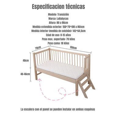 CAMA CUNA COLECHO LUBABYCAS TRANSICIÓN MADERA 150X70X86CM CON COLCHÓN - 8