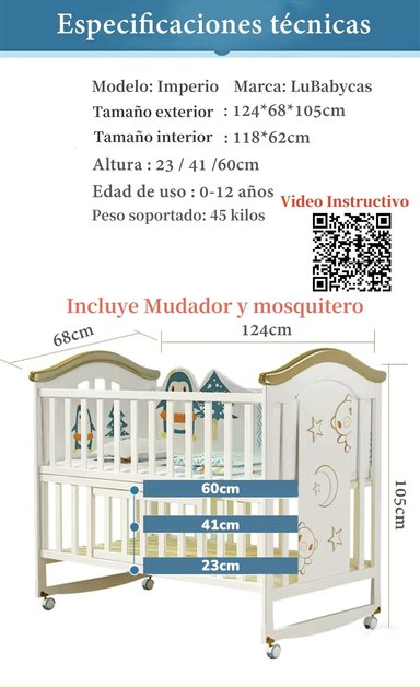 CUNA COLECHO LUBABYCAS IMPERIO MADERA ROSADA CON MUDADOR MOSQUITERO - 8