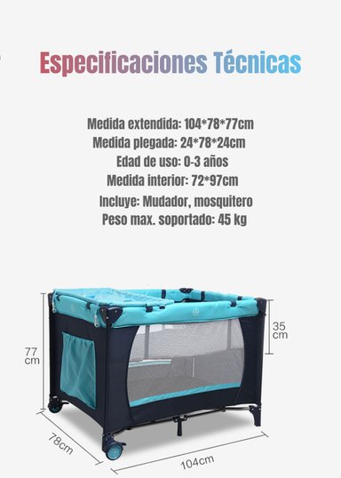 CUNA CORRAL LUBABYCAS MAGIC ACERO AZUL CON MUDADOR MOSQUITERO COLCHÓN - 7
