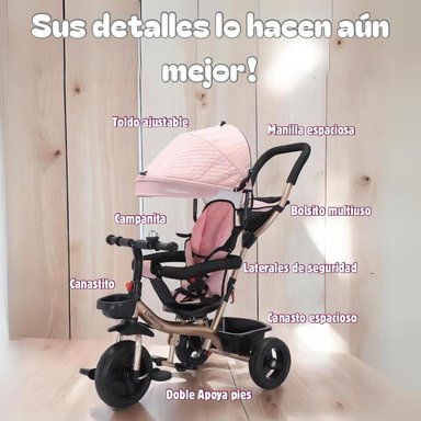 TRICICLO 3 EN 1 CON APOYA PIES 360°LUBABYCAS ROSADO - 4