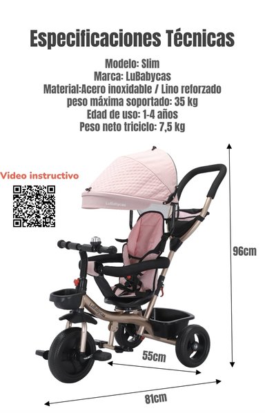 TRICICLO 3 EN 1 CON APOYA PIES 360°LUBABYCAS ROSADO - 7
