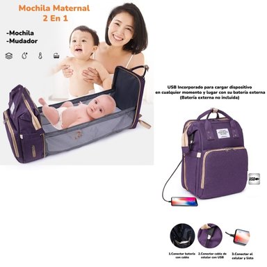 MOCHILA MATERNAL 3 EN 1 CON CUNITA LUBABYCAS MORADA - 2