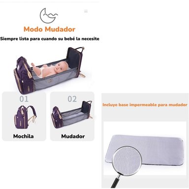 MOCHILA MATERNAL 3 EN 1 CON CUNITA LUBABYCAS MORADA - 4