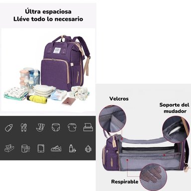 MOCHILA MATERNAL 3 EN 1 CON CUNITA LUBABYCAS MORADA - 5