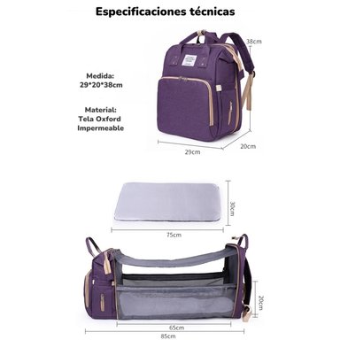 MOCHILA MATERNAL 3 EN 1 CON CUNITA LUBABYCAS MORADA - 8