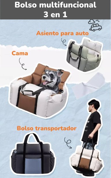 BOLSO DE ASIENTO PORTATIL TRANSPORTADOR 3 EN 1 MASCOTA AUTO - 2