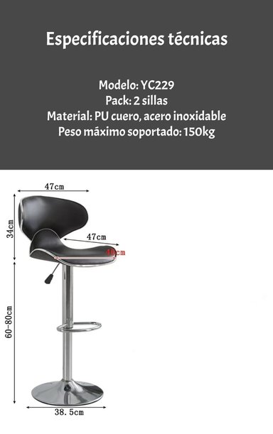 PACK 2 SILLAS PISO BAR PREMIUM NEGRAS ALTURA REGULABLE YC229 - 8