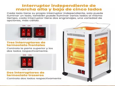 ESTUFA CALEFACTOR 5 LADOS CUARZO HALÓGENO 2000W OMNIDIRECCIONAL RUEDAS - 3
