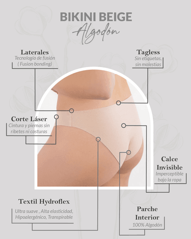 PACK 3 CALZÓN ALGODÓN MUJER UNICA LINGERIE BEIGE BIKINI HYDROFLEX SIN DEMARCACIÓN - 3