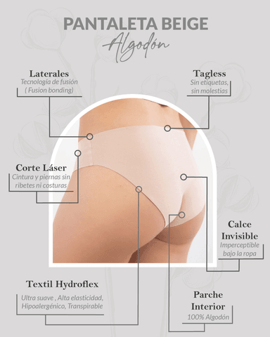 PACK 3 CALZÓN ALGODÓN MUJER UNICA LINGERIE BEIGE PANTALETA HYDROFLEX SIN DEMARCACIÓN - 3
