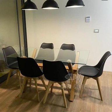 COMEDOR MEDLOCK VIDRIO 140X90 + 6 SILLAS TULIP COLOR NEGRO - 1