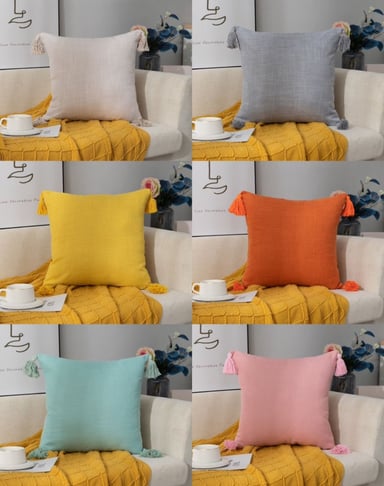 FUNDA COJÍN JUEGO 2 LINO CON POMPONES NARANJA - 3