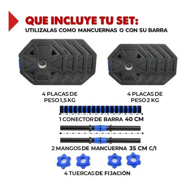 SET MANCUERNAS AJUSTABLES HEXAGONALES 15 KG 2EN1 + BARRA - 2