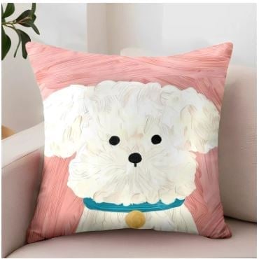 FUNDA PARA COJIN ESTAMPADO PERRO 45 X 45 CM. 100% POLIÉSTER MODELO ROSA BICHÓN FRISÉ - 1