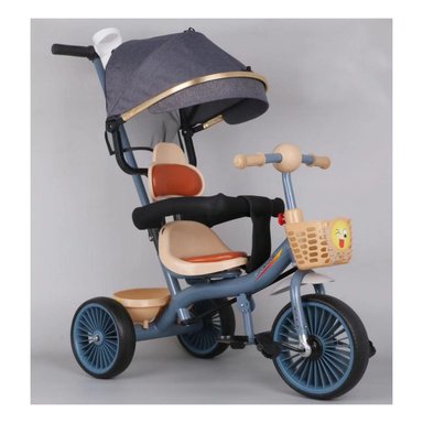 TRICICLO INFANTIL 2 ETAPAS METÁLICO CON TECHO Y BARRA GUÍA AZUL - 2