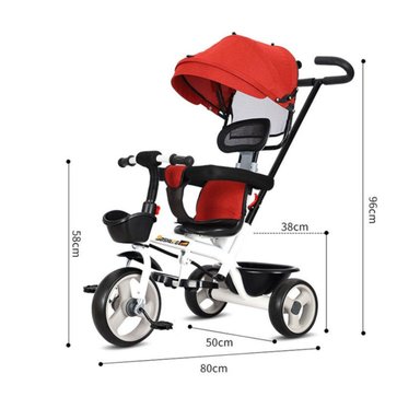 TRICICLO INFANTIL 2 ETAPAS METÁLICO CON TECHO Y BARRA GUÍA ROSA - 3