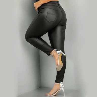 JEANS MUJER BUCANERAS NEGRO ECO CUERO CALCE PERFECTO TIRO ALTO ELASTICADOS BOTÓN CIERRE TALLA GRANDE - 2