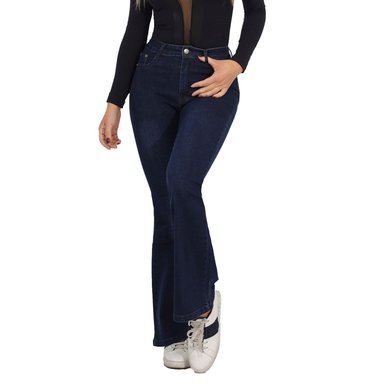 JEAN LARGO FLARE MUJER AZUL PUSH UP ACAMPANADO LEVANTA COLA CORTE COLOMBIANO ESCULTOR OSCURO - 2