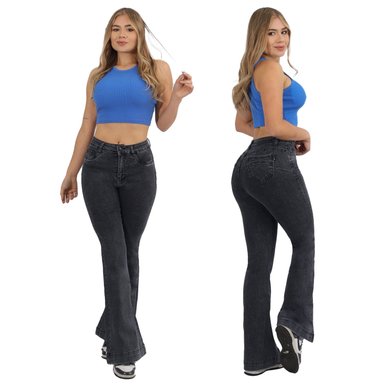 JEANS FLARE PUSH UP ACAMPANADO LEVANTA COLA CORTE COLOMBIANO ESCULTOR GRIS - 1