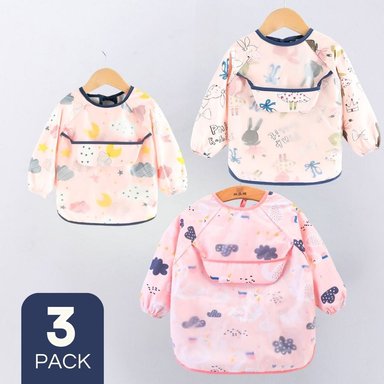 PACK 3 BABERO DELANTAL IMPERMEABLE PREMIUM CON MANGAS LARGA TALLA 1 A 2 AÑOS PARA BEBE Y NIÑA - 1