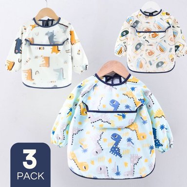 PACK 3 BABERO DELANTAL IMPERMEABLE PREMIUM CON MANGAS LARGA TALLA 6 A 12 MESES PARA BEBE Y NIÑO - 1