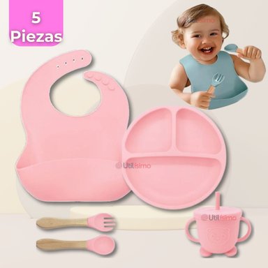 SET DE ALIMENTACIÓN BEBÉ SILICONA CON VASO 5 PIEZAS LIBRE BPA ROSA CLARO - 1