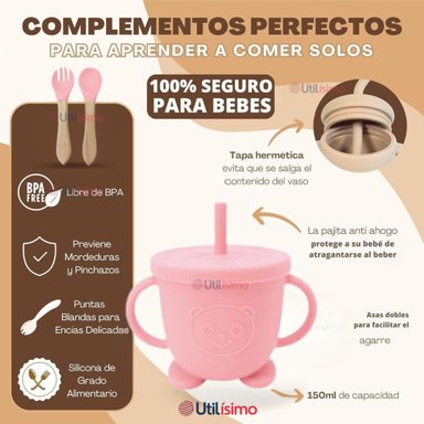 SET DE ALIMENTACIÓN BEBÉ SILICONA CON VASO 5 PIEZAS LIBRE BPA ROSA CLARO - 3