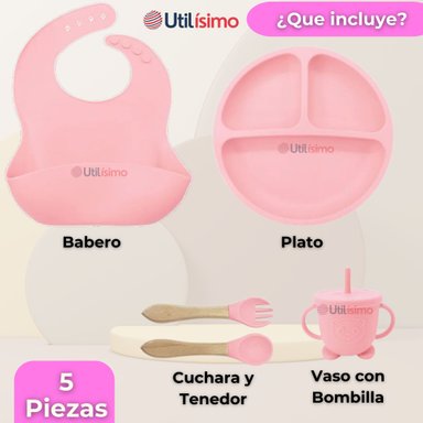 SET DE ALIMENTACIÓN BEBÉ SILICONA CON VASO 5 PIEZAS LIBRE BPA ROSA CLARO - 9