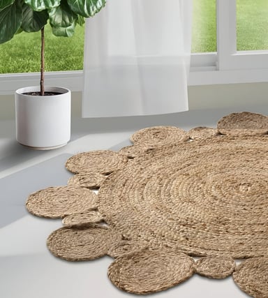 ALFOMBRA REDONDA YUTE BORDE CÍRCULOS INTERCALADO NATURAL JHN - 2
