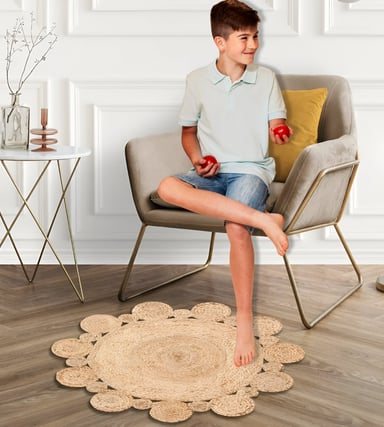 ALFOMBRA REDONDA YUTE BORDE CÍRCULOS INTERCALADO NATURAL JHN - 7