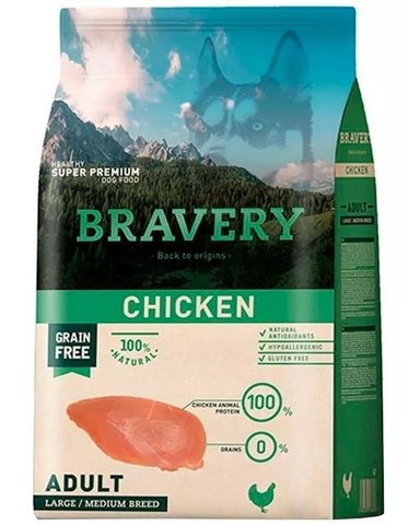 ALIMENTO BRAVERY SUPER PREMIUM PERRO ADULTO MEDIANA/GRANDE SABOR POLLO 12KG - 1