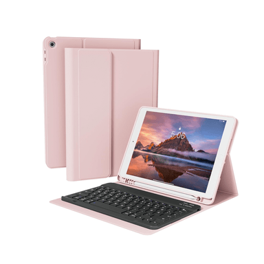 FUNDA CON TECLADO PARA IPAD 10.2 7 8 9 RANURA LAPIZ ROSADO - 1
