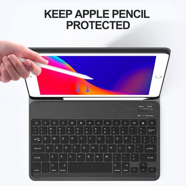 FUNDA CON TECLADO PARA IPAD 10.2 7 8 9 RANURA LAPIZ ROSADO - 4