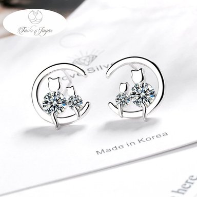 AROS TODOJOYAS PAR GATITOS EN LUNA PLATEADO PLATA - 3