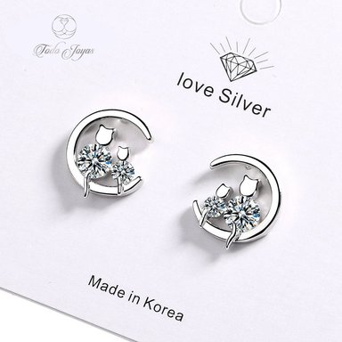 AROS TODOJOYAS PAR GATITOS EN LUNA PLATEADO PLATA - 4
