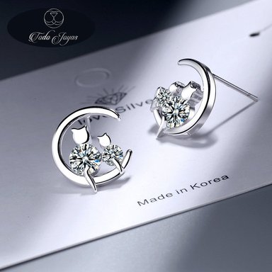 AROS TODOJOYAS PAR GATITOS EN LUNA PLATEADO PLATA - 5