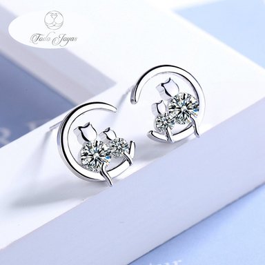 AROS TODOJOYAS PAR GATITOS EN LUNA PLATEADO PLATA - 6