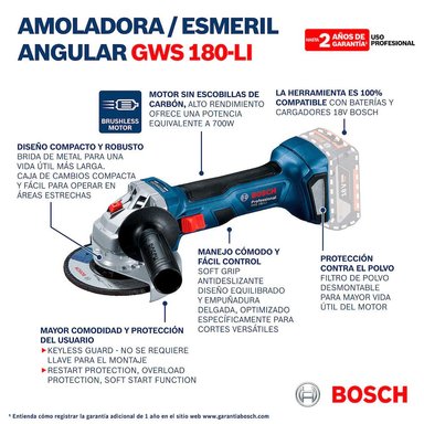 ESMERIL ANGULAR BOSCH 7 GWS 180-LI PROF SIN BAT NI CARG - 8