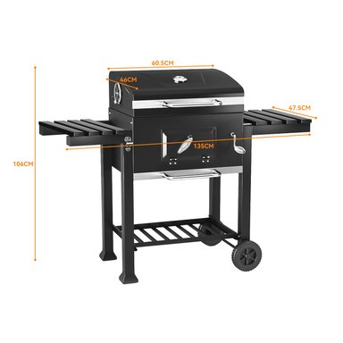 PARRILLA A CARBON CON RUEDAS Y 2 BANDEJAS LATERALES 135X47,5X106CM - 2