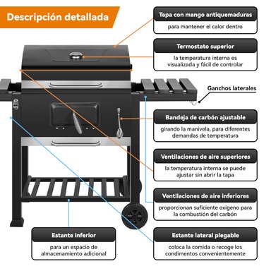 PARRILLA A CARBON CON RUEDAS Y 2 BANDEJAS LATERALES 135X47,5X106CM - 7