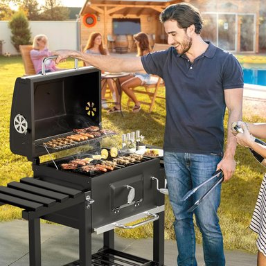 PARRILLA A CARBON CON RUEDAS Y 2 BANDEJAS LATERALES 135X47,5X106CM - 10