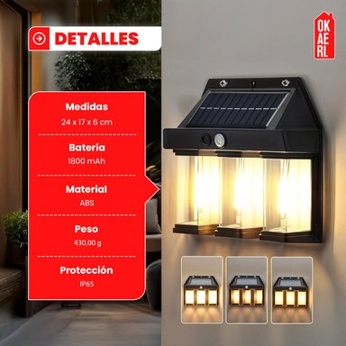 LAMPARA APLIQUE SOLAR CON SENSOR 3 FOCOS 2700K - 5