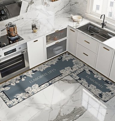 SET 2 ALFOMBRAS BJ HOGAR ANTIDESLIZANTE CONTEMPORÁNEA MODERNA PISO COCINA ELABORATE GRIS AZULADO - 1