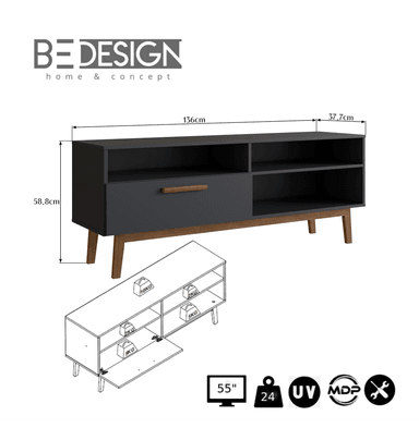RACK CON 3 ESPACIOS Y PUERTA PARA TV 55' NEGRO EMOVELL - 3