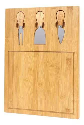 TABLA PARA PICAR QUESO DE MADERA BAMBÚ + 3 UTENSILIOS COLOR BEIGE LISO - 1