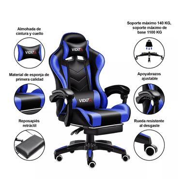 SILLA RIQUI AZUL GAMER VIDITA ERGONÓMICA NEGRA Y CON TAPIZADO DE POLIURETANO - 3
